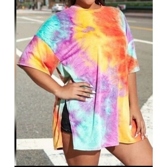 Plus Size Tie Dye Print Slit T-shirt Sz 2X - Picture 2 of 5